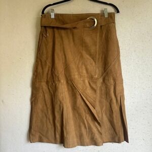 29 Porter Rd Womens Tan Suede Goat Leather Midi Wrap Skirt Belted Pockets Size L